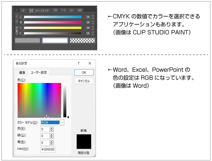 CLIP STUDIOとWordのカラー選択画面