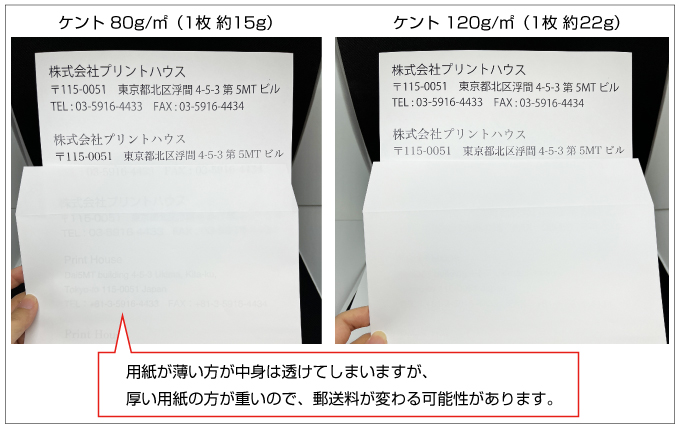 用紙の厚さによる封筒の透け具合の比較